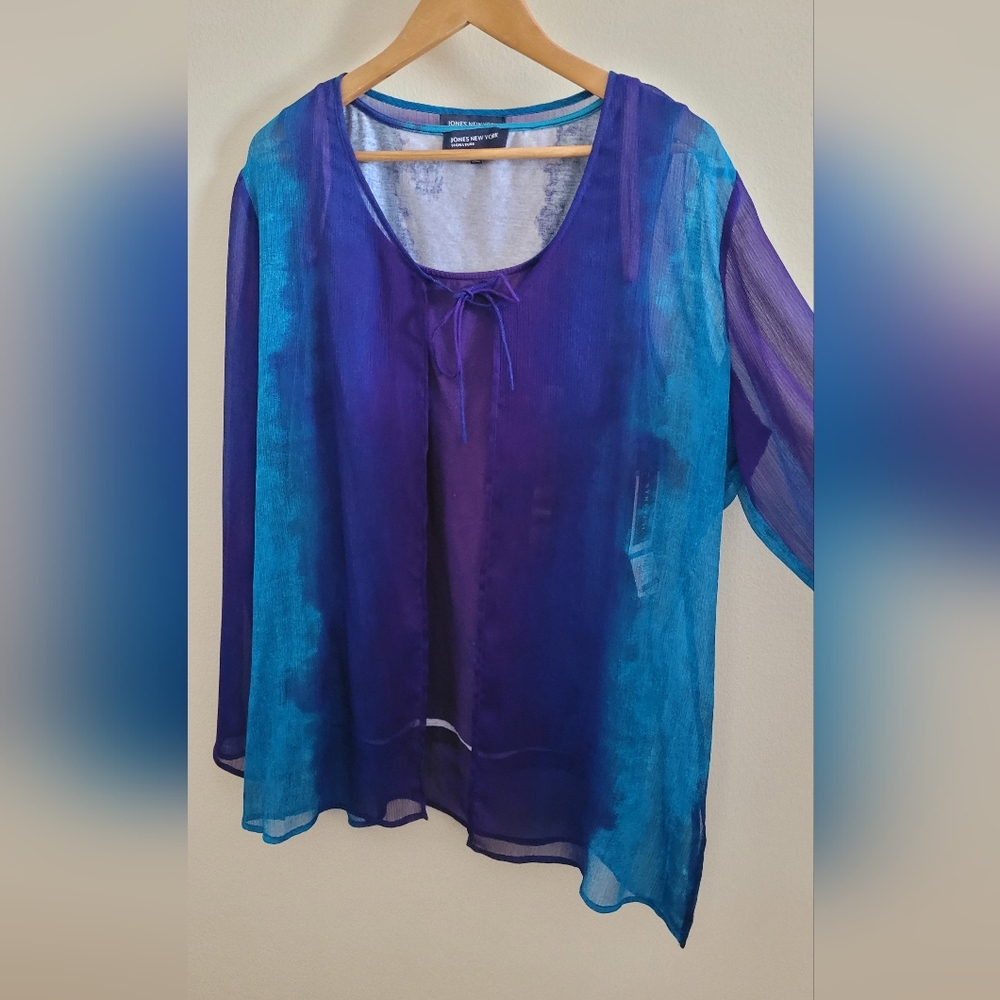 JNY Gauzy Open Top over Cotton Blend Tank Top, Women's XL, Blue & Purple Tie Dye - Picture 3 of 16